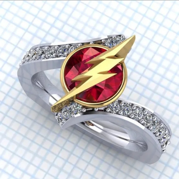 Flash Gordon Lightning Ring Novelty Engagement Promise Birthday Red Gold Silver - Picture 9 of 11